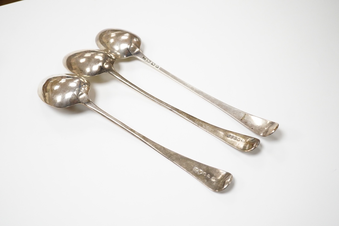 Three George III silver old English pattern basting spoons, William Fearn, London, 1776, Robert Gaze, London 1801 and Eley & Fearn London 1805, longest approx. 29.5cm, 9.9oz.